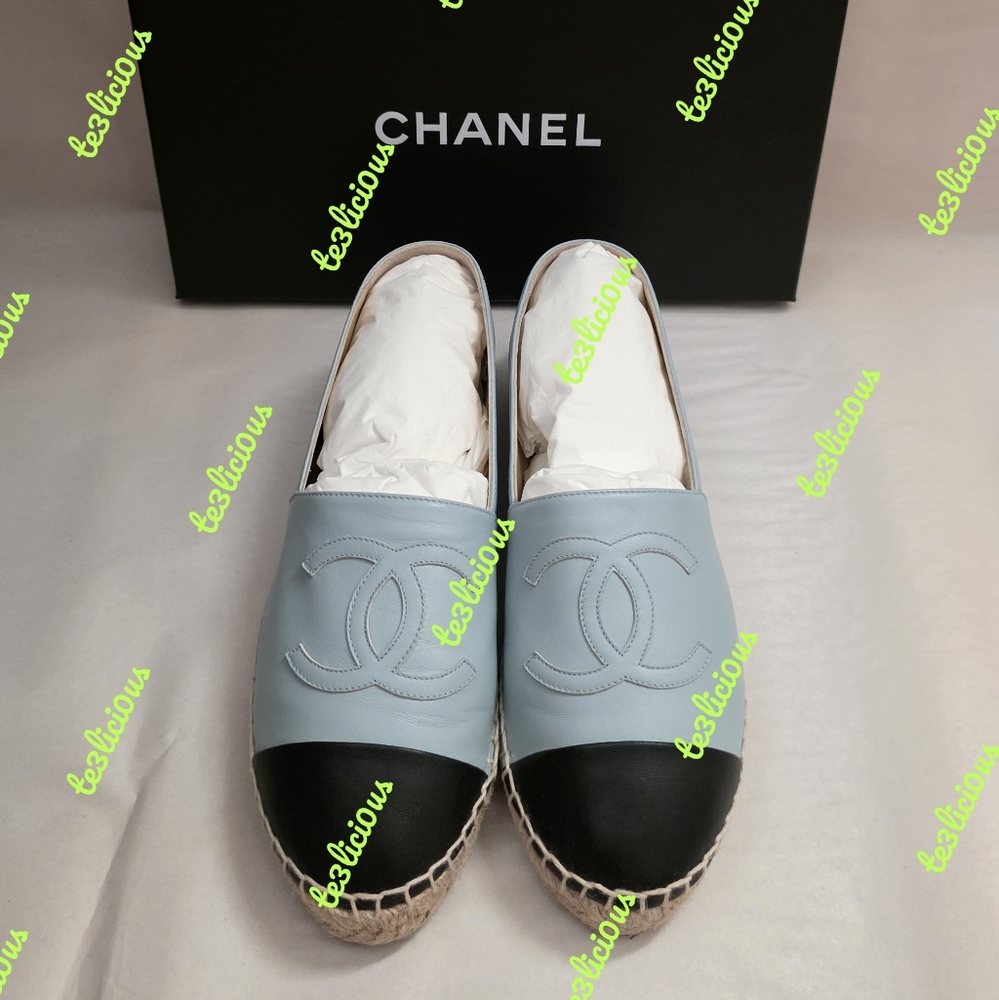 CHANEL 22B LAMBSKIN ESPADRILLES LIGHT BLUE BLACK SZ 39 *PRE-OWNED